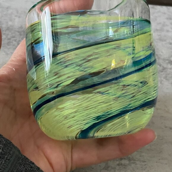 NWL Selkirk Art Glass Green Blue Swirl Votive Candleholder Handmade Scotland 3" - Picture 4 of 5